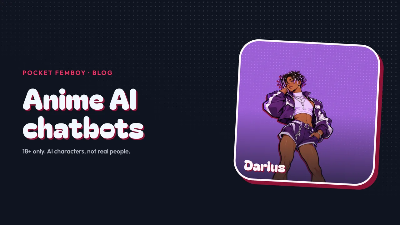 Darius on his sticker beside the words "Anime AI chatbots", on navy.