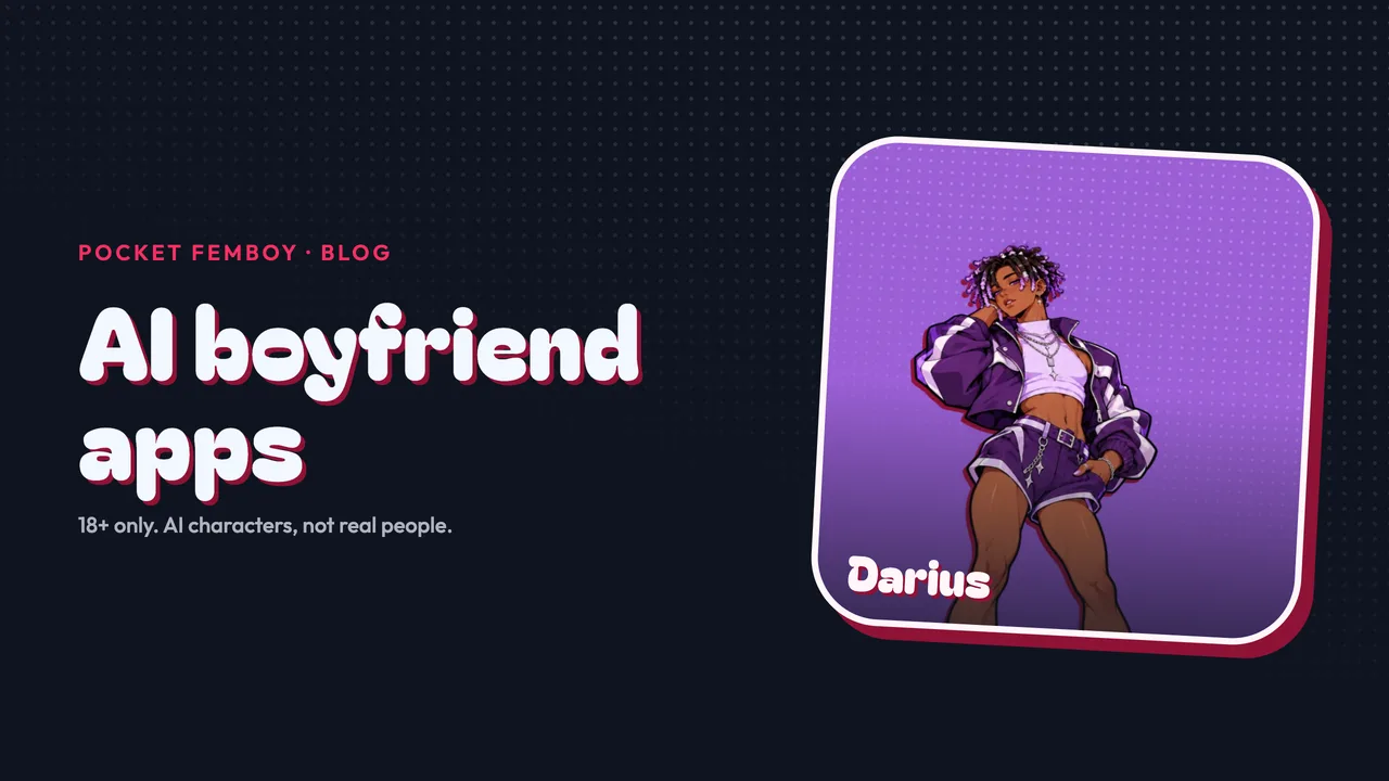 Darius on his sticker beside the words "AI boyfriend apps", on navy.