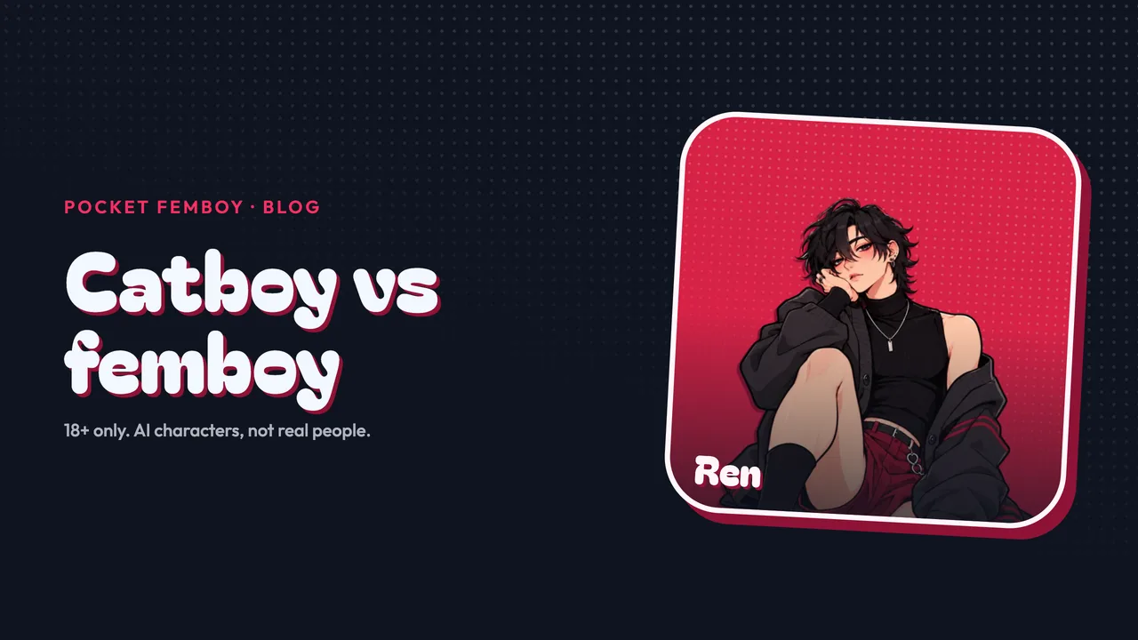 Ren on his sticker beside the words "Catboy vs femboy", on navy.