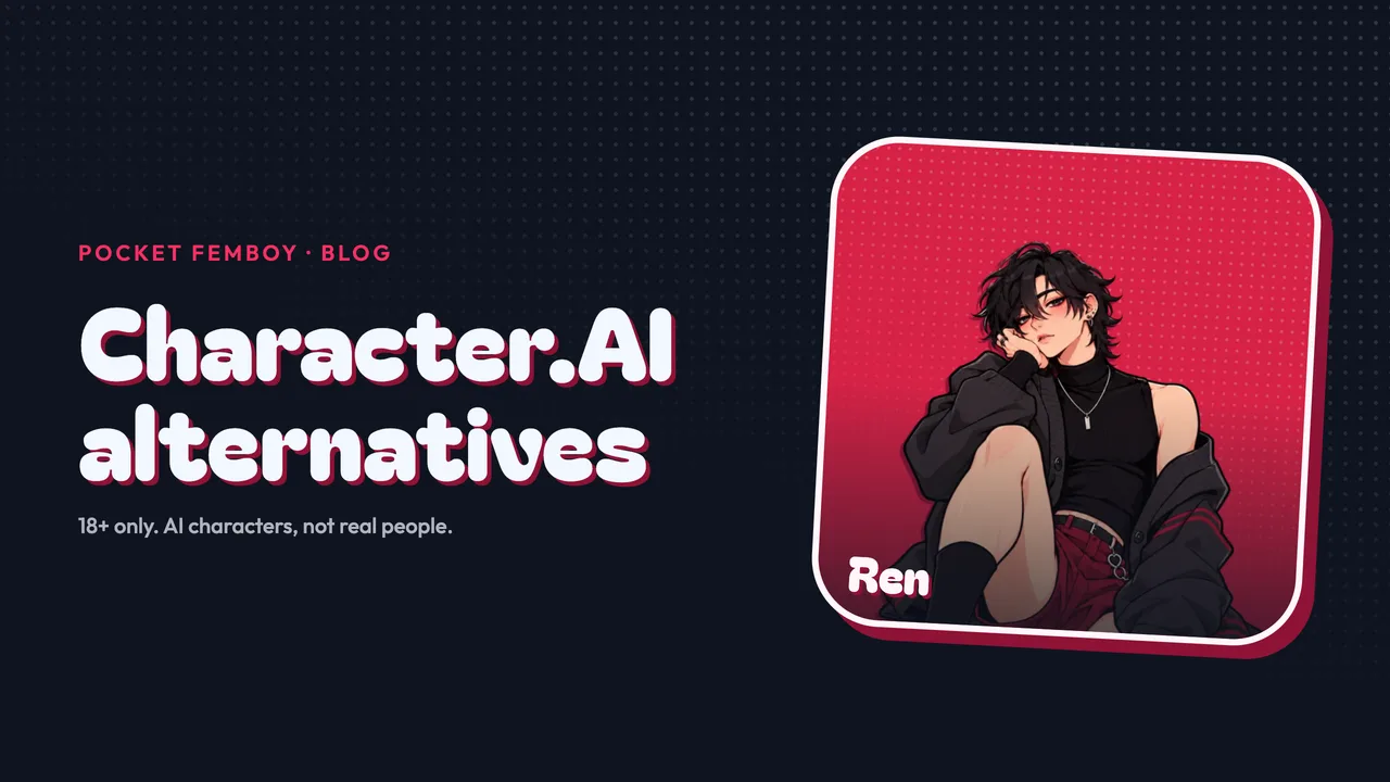Ren on his sticker beside the words "Character.AI alternatives", on navy.
