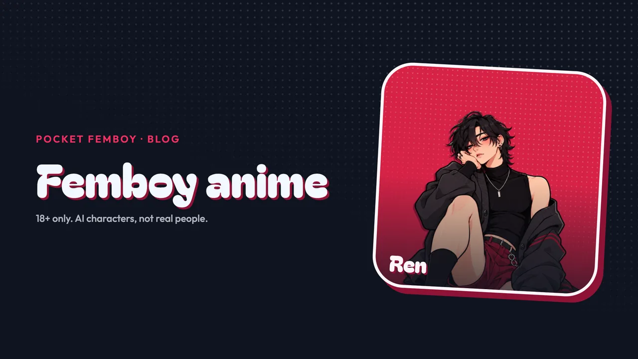 Ren on his sticker beside the words "Femboy anime", on navy.