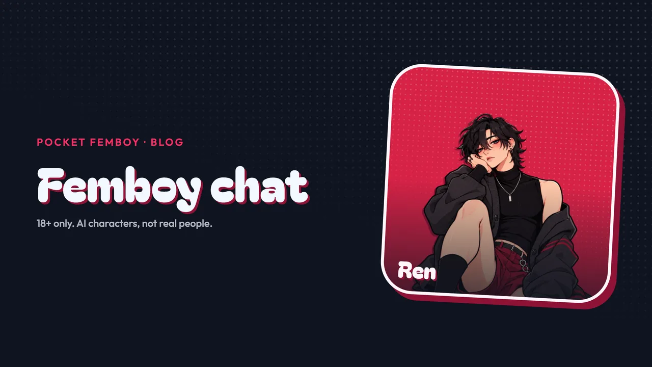 Ren on his sticker beside the words "Femboy chat", on navy.