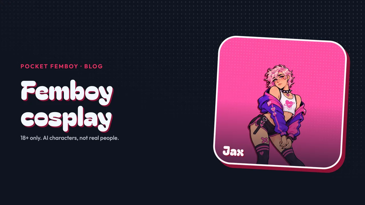 Jax on his sticker beside the words "Femboy cosplay", on navy.