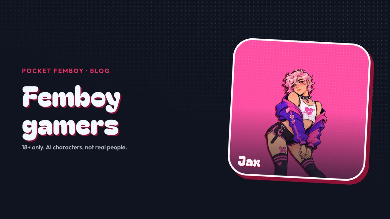 Jax on his sticker beside the words "Femboy gamers", on navy.