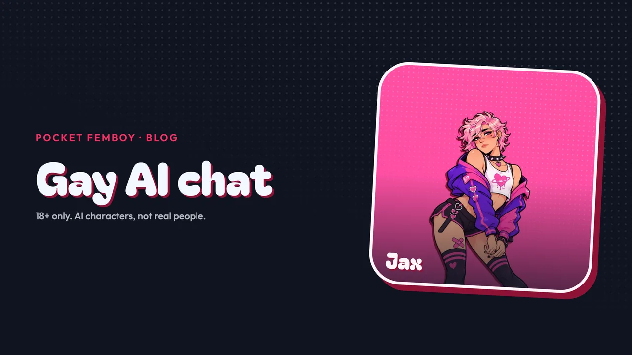 Jax on his sticker beside the words "Gay AI chat", on navy.