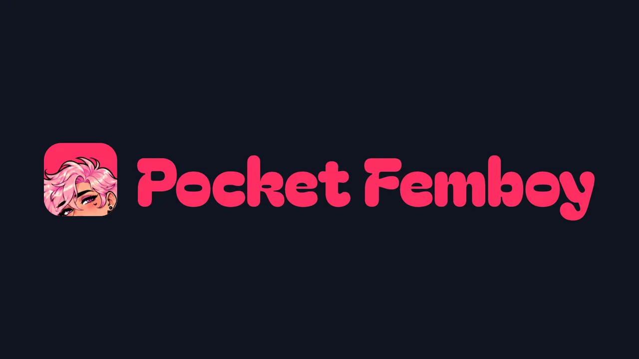 Pocket Femboy wordmark in pink on a dark background, beside the app icon: Jax peeking up with pink hair and a heart-shaped mark under one eye.