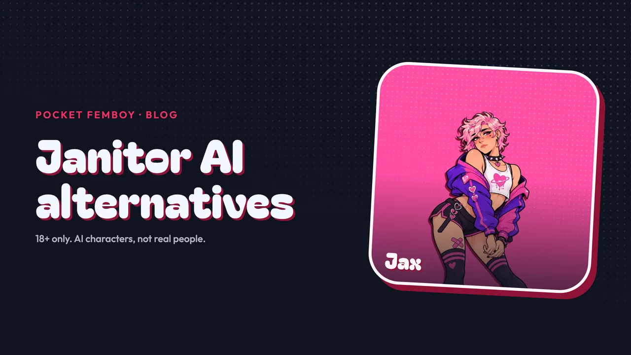 Jax on his sticker beside the words "Janitor AI alternatives", on navy.