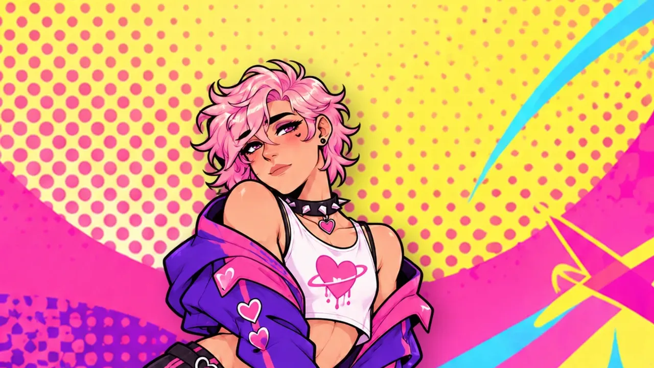 Jax, drawn in bright pop-art style: pink hair, a spiked choker with a heart pendant, a white crop top printed with a dripping heart, and an oversized purple and pink jacket, against a yellow and magenta halftone background.