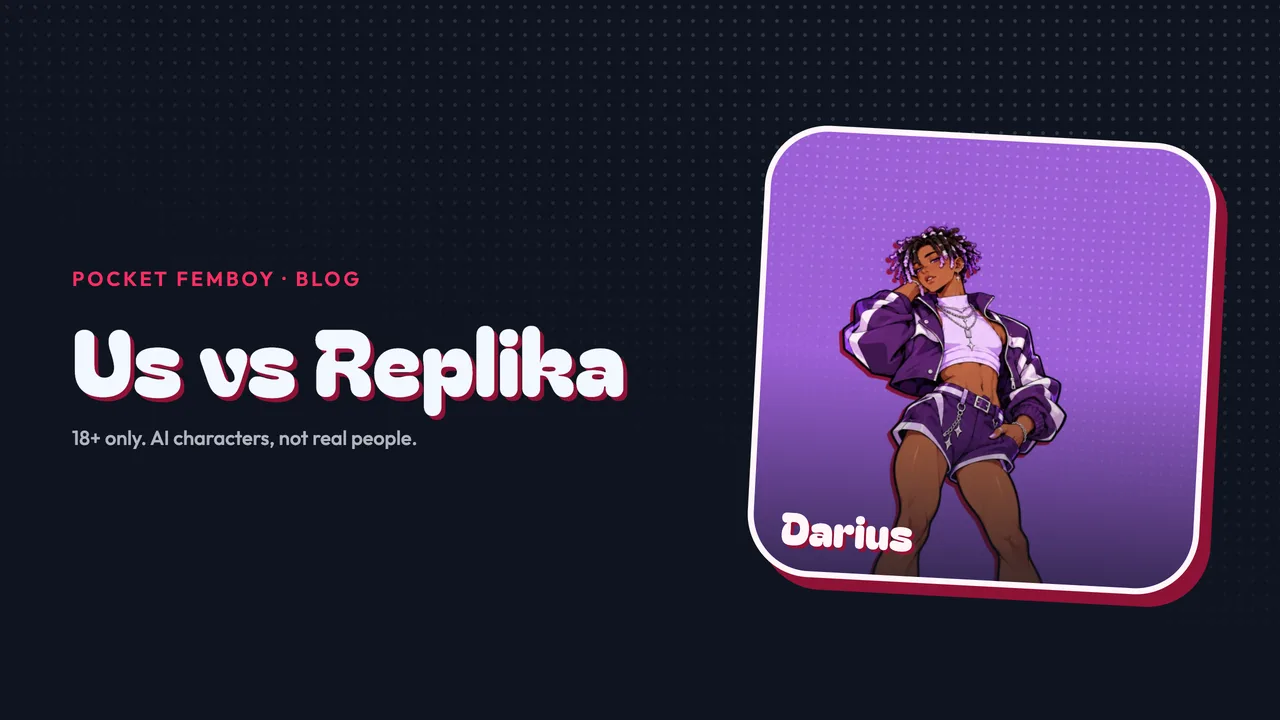 Darius on his sticker beside the words "Us vs Replika", on navy.