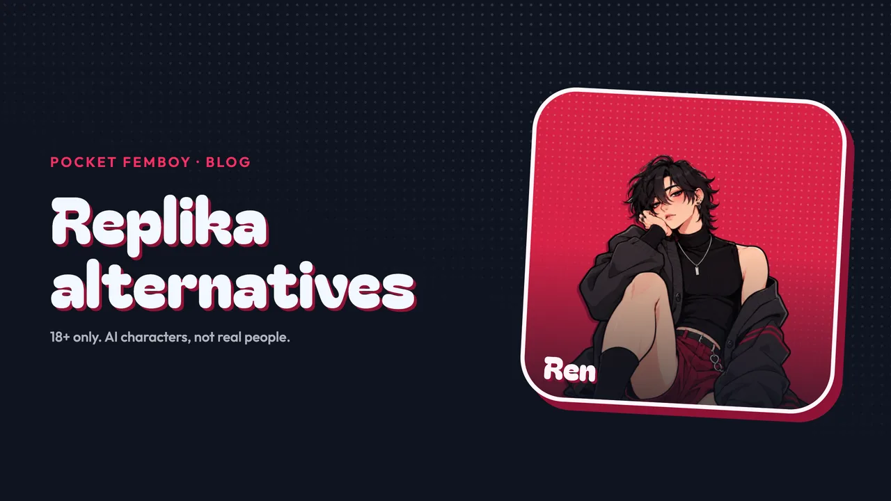 Ren on his sticker beside the words "Replika alternatives", on navy.