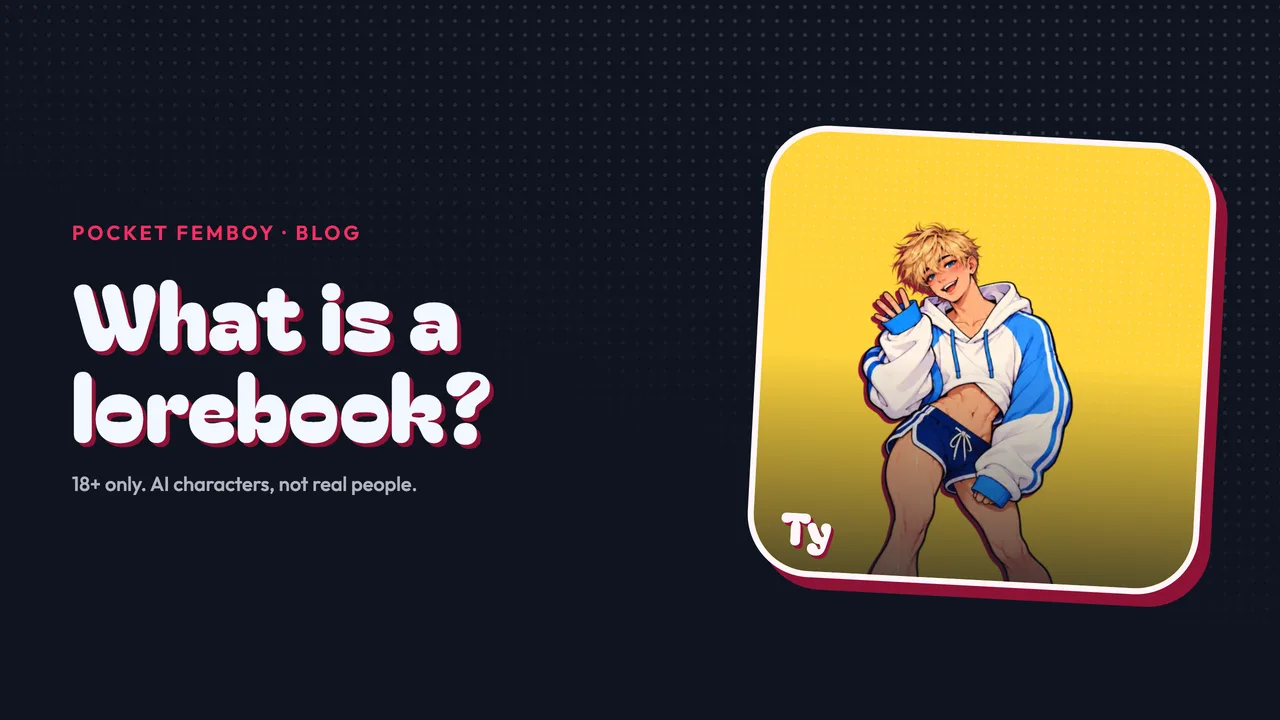 Ty on his sticker beside the words "What is a lorebook?", on navy.
