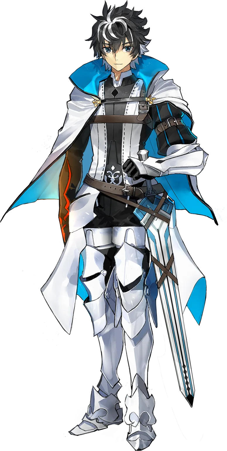 Charlemagne, official art from Fate/Extella Link: black and white hair, a white and blue cape, silver armour, a large sword
