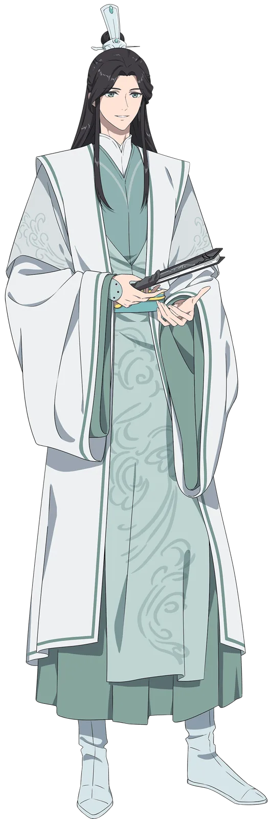 Shi Qingxuan, official design art from the Heaven Official's Blessing animation: long black hair, pale green and white robes, a folded fan