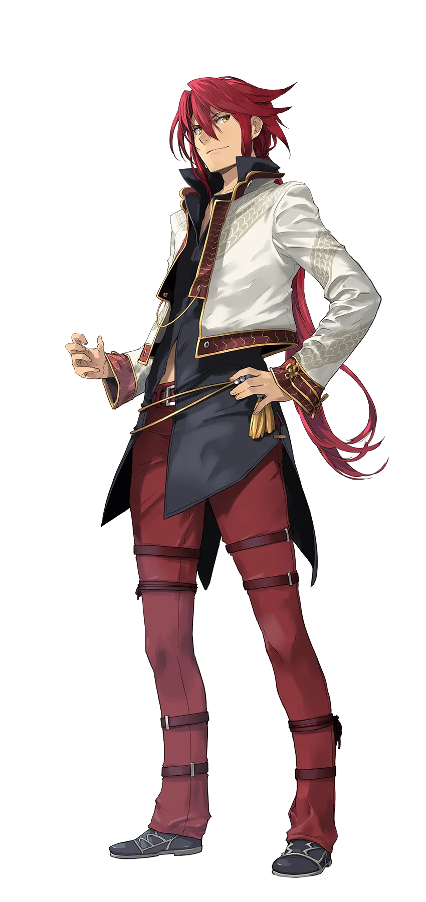 Aaron Wei, official art from Trails through Daybreak: long red hair, a red and black jacket, one hand on his hip