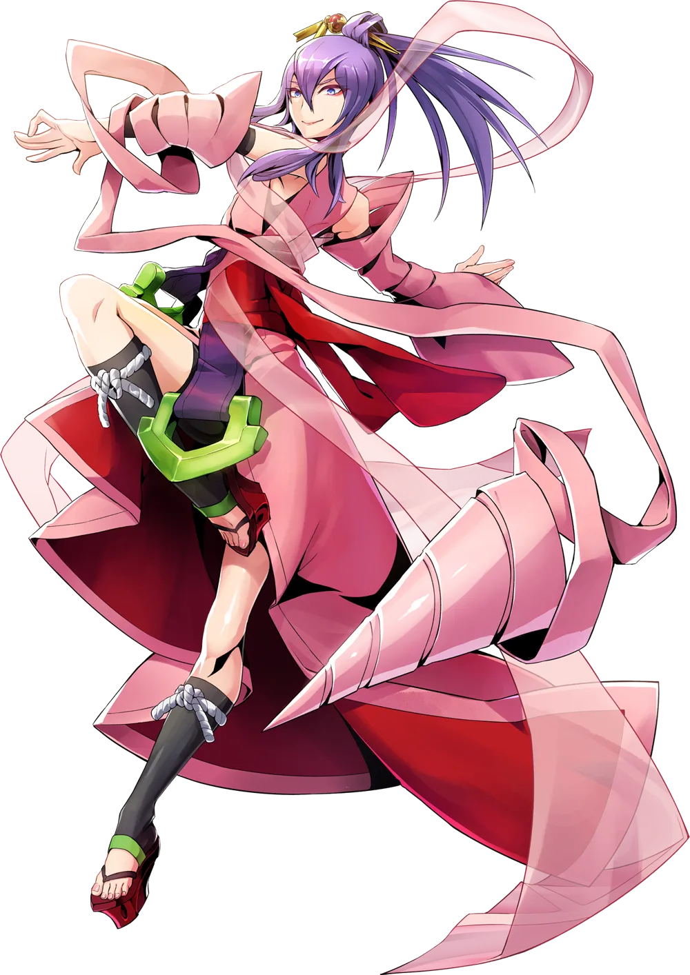 Amane Nishiki, official character select art from BlazBlue: Centralfiction: long purple hair, a pink kimono with flowing sleeves