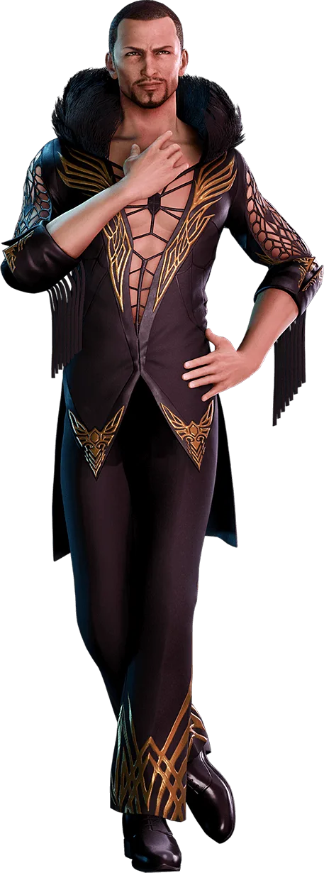 Andrea Rhodea, official render: slicked-back hair, a black stage outfit open at the chest