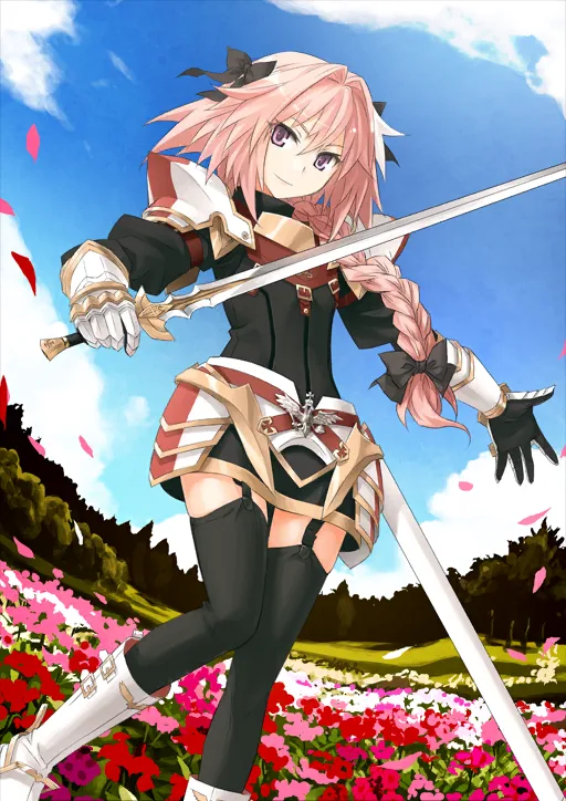 Astolfo, Stage 1 card art from Fate/Grand Order: pink braid, white and black armour, sword drawn, in a field of flowers