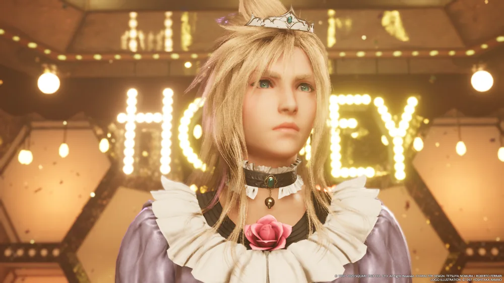 Cloud Strife in the Honeybee Inn dress from Final Fantasy VII Remake: blond hair up with a tiara, a lilac dress with a ruffled collar