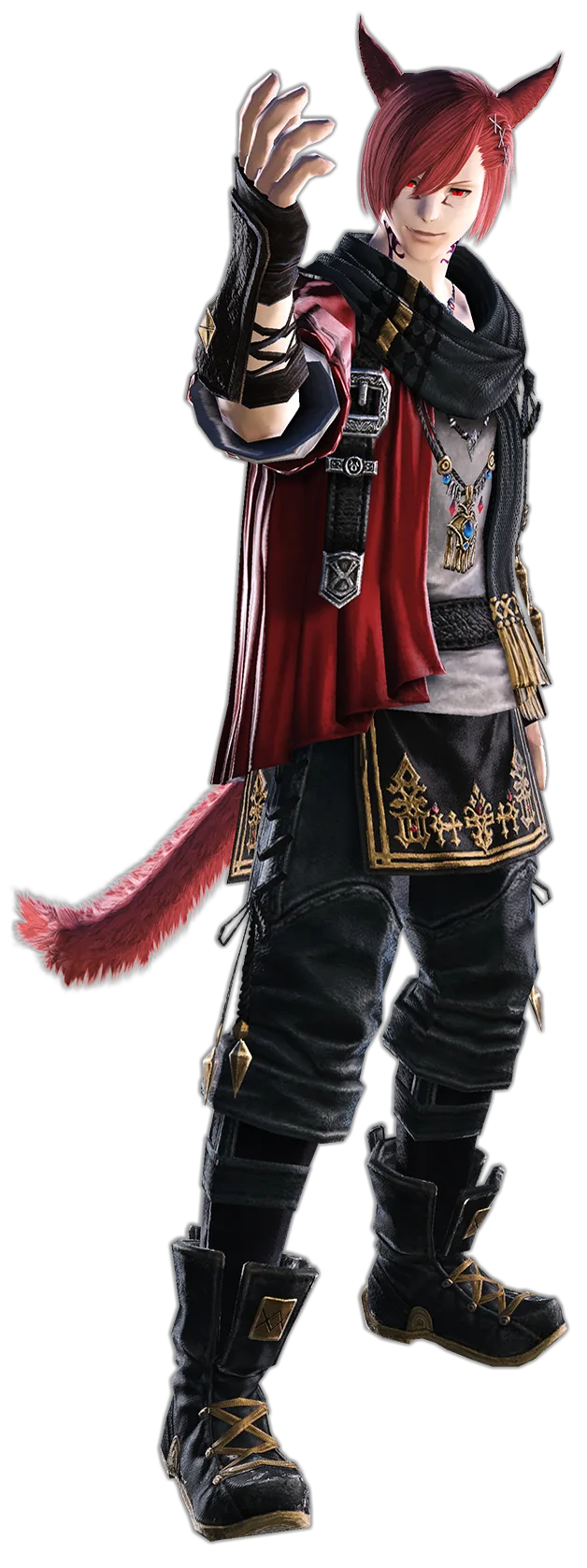 G'raha Tia, official render from Final Fantasy XIV: red hair, cat ears, a dark red coat