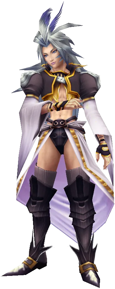 Kuja, official render: silver hair with a feather, a purple and white theatrical outfit