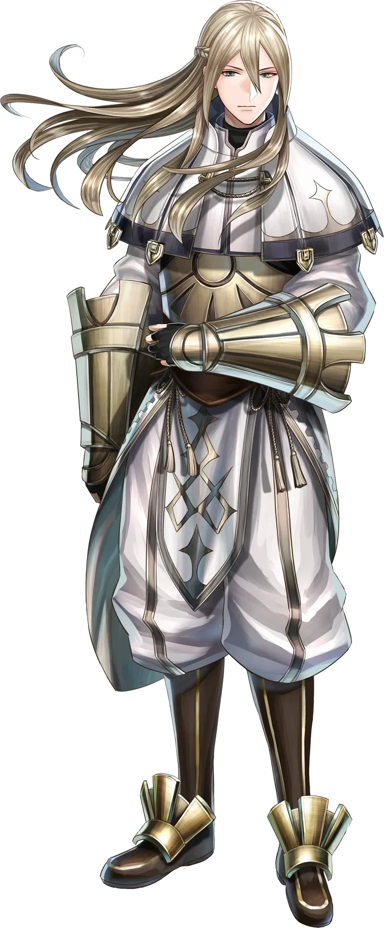Libra, official Fire Emblem Heroes art: long blond hair, white priest's robes, an axe