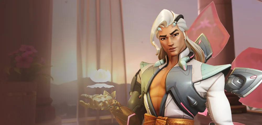 Lifeweaver, official hero art from Overwatch 2: long white hair, a pink lotus, one hand raised