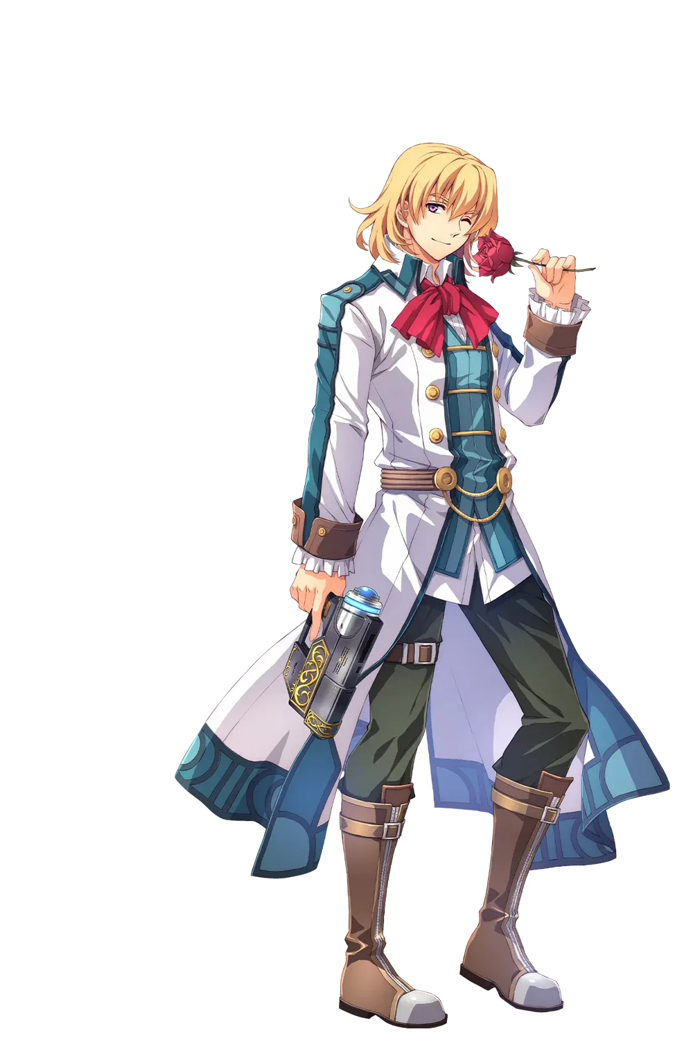 Olivier Lenheim, official art from the Trails in the Sky remake: blond hair, a white and blue coat, a red cravat