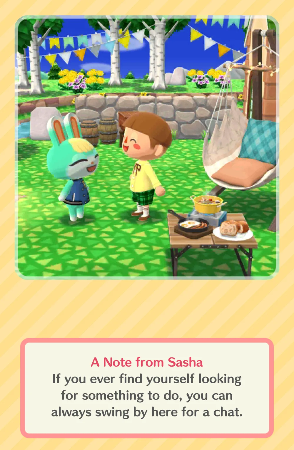 Sasha, a white rabbit villager, in Animal Crossing: Pocket Camp, with a note that reads "If you ever find yourself looking for something to do, you can always swing by here for a chat"