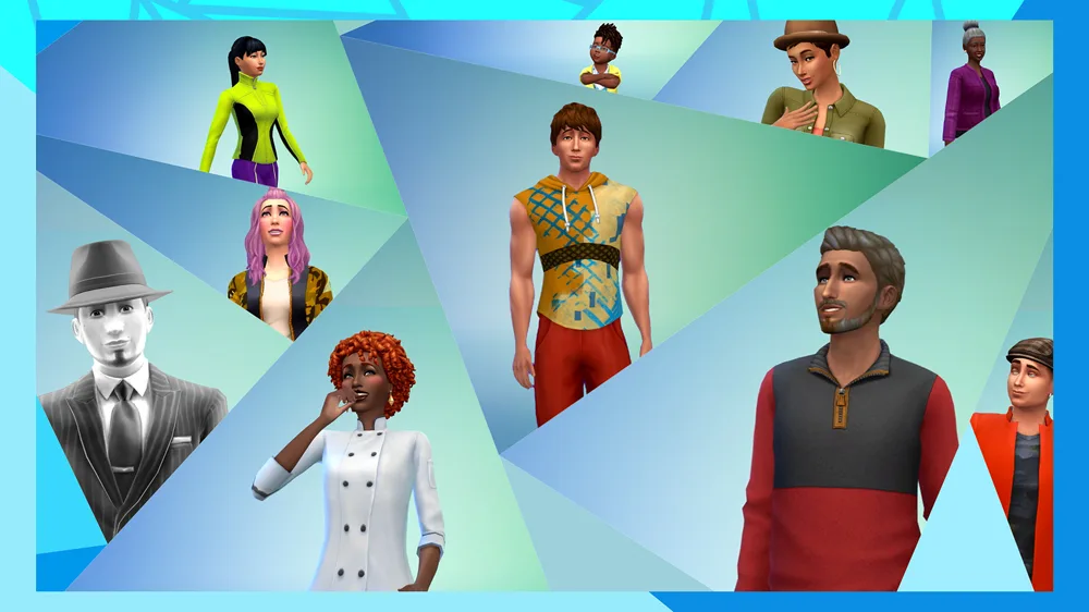 The Sims 4 Create a Sim: a montage of Sims in different outfits on a blue background