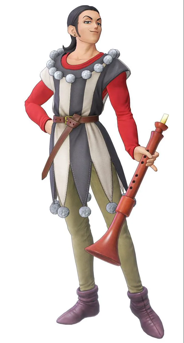 Sylvando, official render: a pink and white jester-knight outfit, a sword at his side
