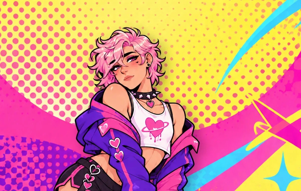 Jax, a femboy with messy pink hair, a spiked choker and an off-the-shoulder purple jacket over a white heart crop top, on a pink and yellow halftone background.