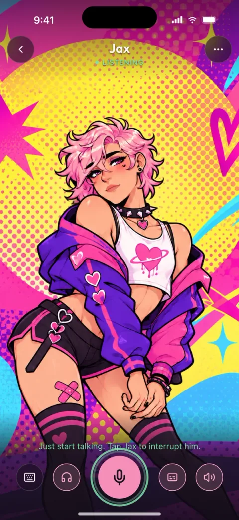 The Pocket Femboy app in voice chat with Jax: Jax in a purple jacket and spiked choker on a pink and yellow pop-art background, with a microphone button and the hint "Just start talking" along the bottom.