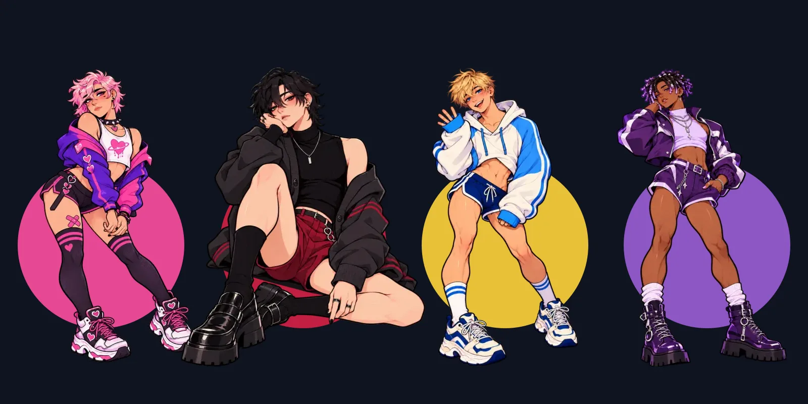 Four Pocket Femboy characters, each in front of a circle of their own colour: Jax in pink, Ren in red and black, Ty in a blue-and-white hoodie on yellow, and Darius in purple.