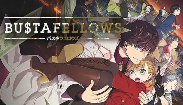 Bustafellows key art: the heroine Teuta caught by one of the love interests, the rest of the crew behind them over a city at night