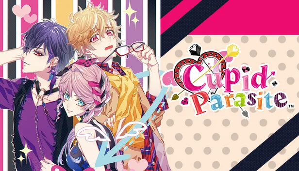 Cupid Parasite key art: three of the love interests and the heroine Lynette in front of pink and black stripes