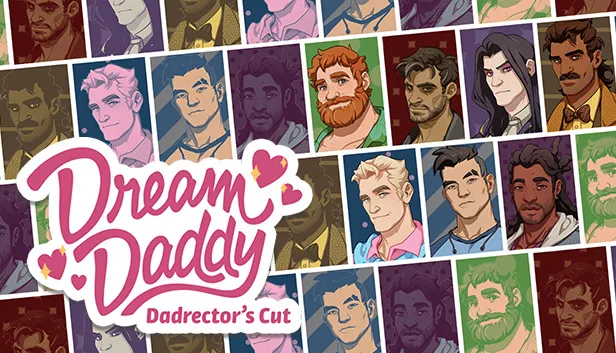 Dream Daddy key art: the seven dateable dads lined up in a cul-de-sac