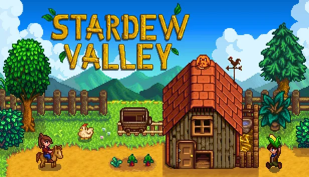 Stardew Valley key art: the farmer and their animals in front of the farmhouse